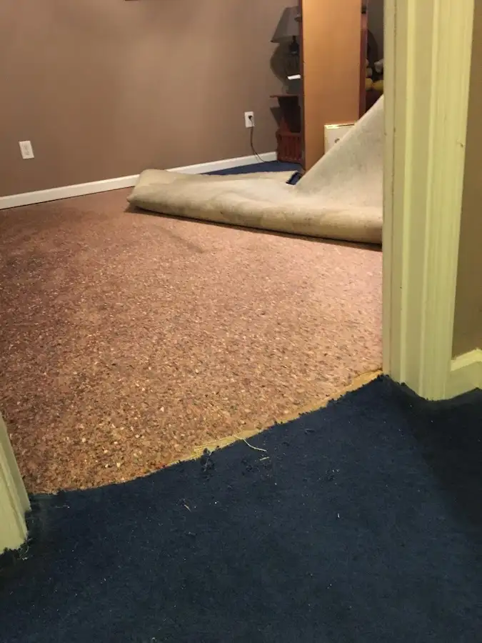 Carpet pad removal revealing water damage during Drying & Dehumidification in Sheboygan Falls